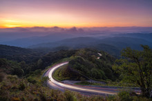 Doi Inthanon National Park In The Sunrise In The Morning At Chiang Mai, Thailand With The Curve Of Road Travel Beautiful.