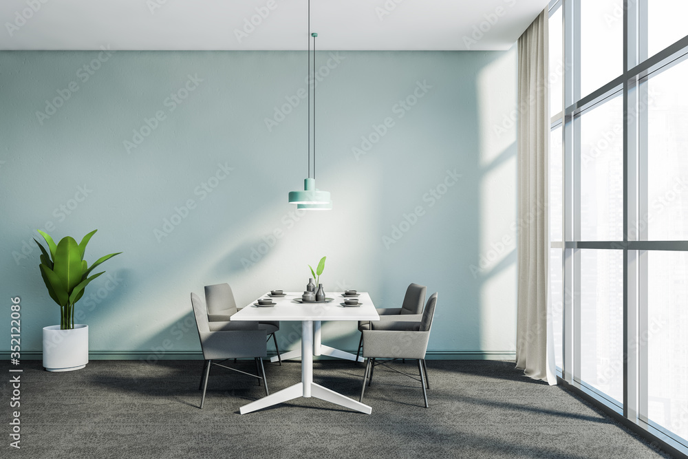 Panoramic blue dining room with grey chairs - obrazy, fototapety, plakaty 