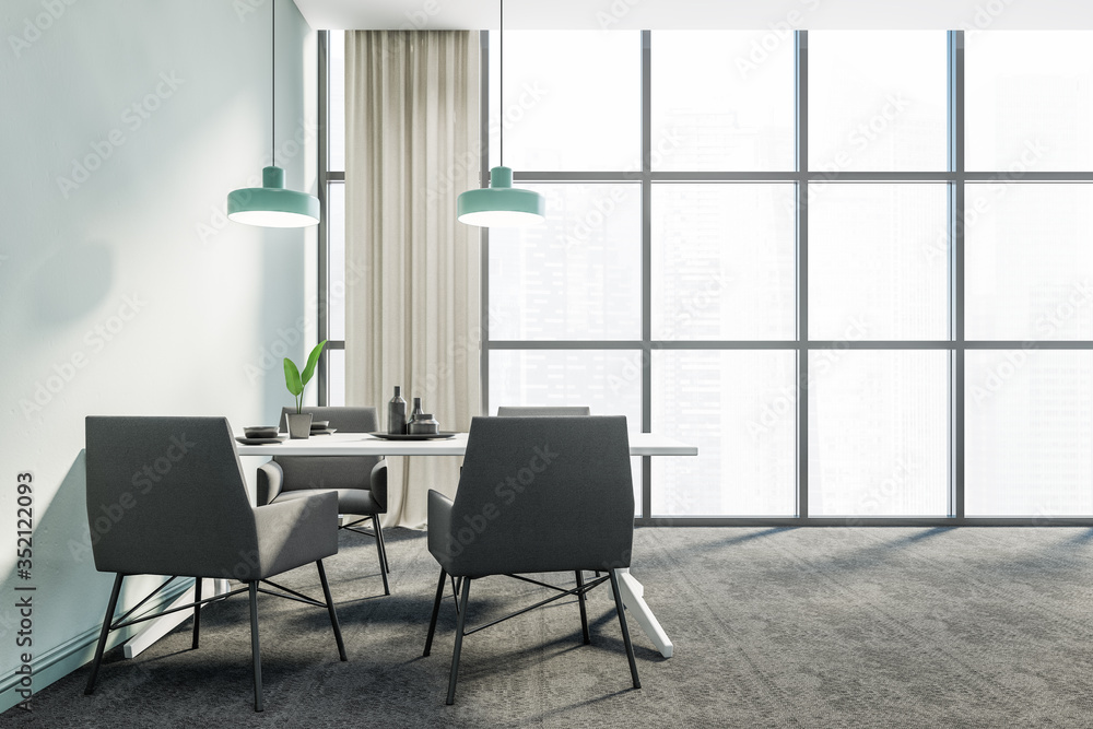 Panoramic blue dining room interior, grey chairs - obrazy, fototapety, plakaty 
