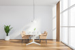 © ImageFlow - Panoramic white dining room with beige chairs