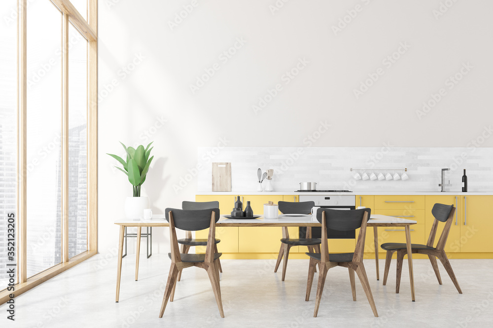 White kitchen interior, yellow countertops, table - obrazy, fototapety, plakaty 