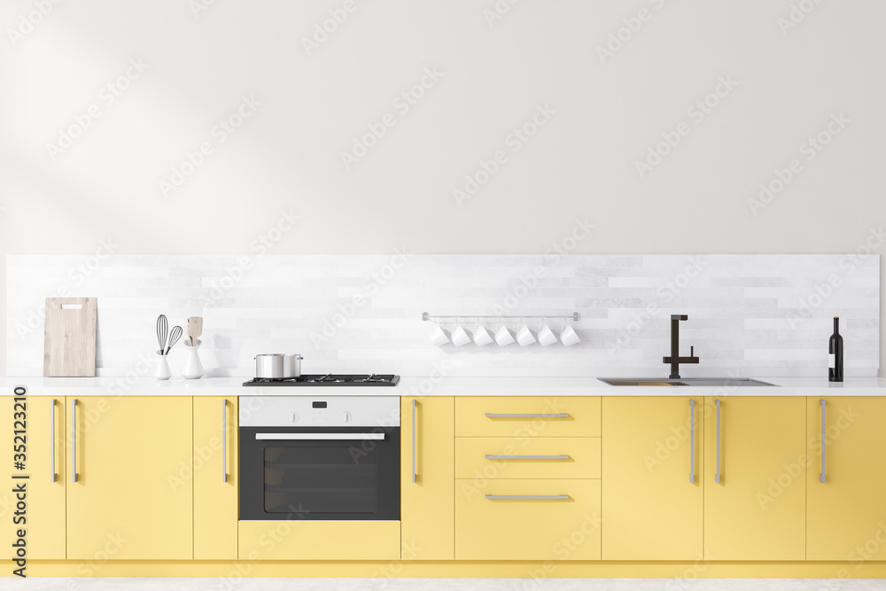 White kitchen with yellow countertops - obrazy, fototapety, plakaty 