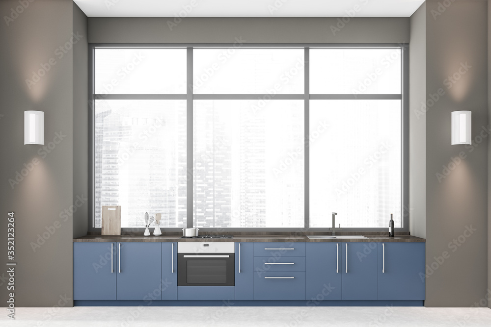 Panoramic grey kitchen with blue countertops - obrazy, fototapety, plakaty 
