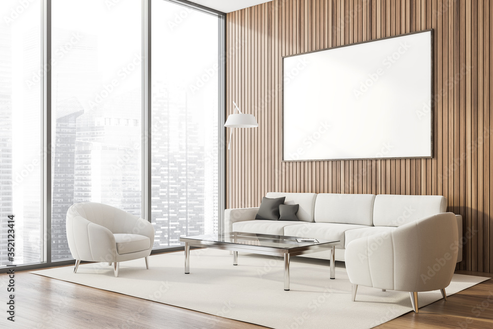 Panoramic wood lounge corner, poster and sofa - obrazy, fototapety, plakaty 