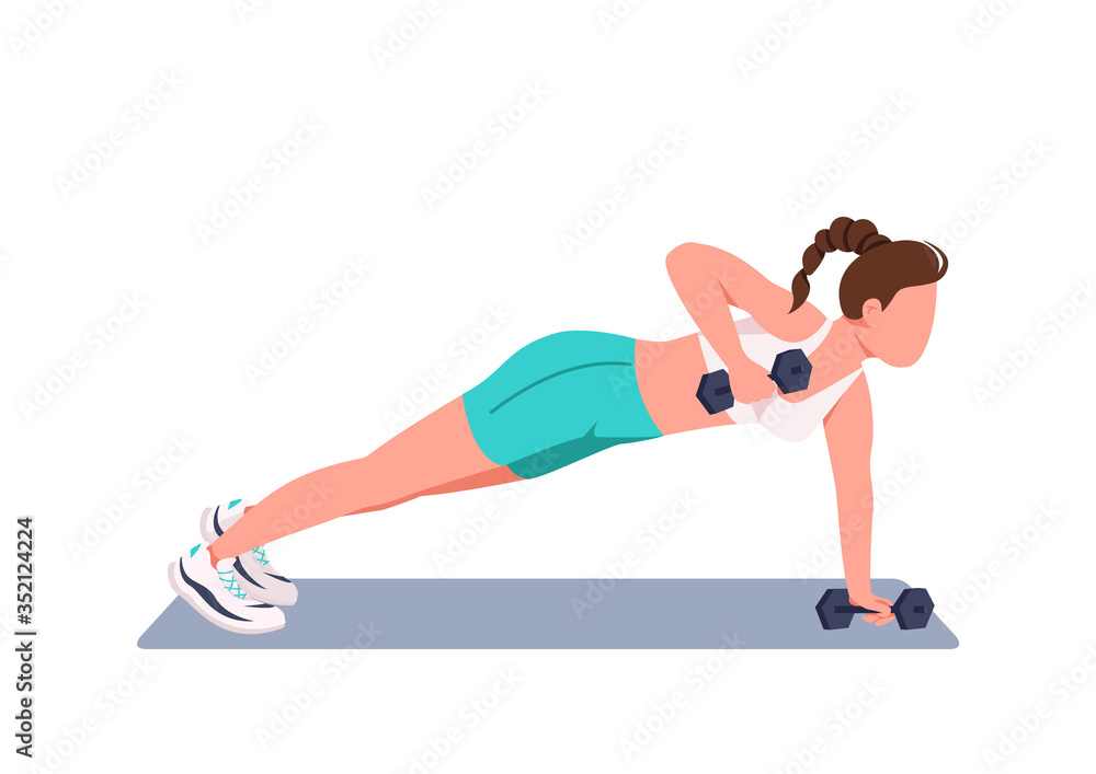 Woman doing push ups with dumbbells flat color vector faceless ...