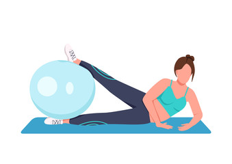 Wall Mural - Woman training with swiss ball flat color vector faceless character. Home fitness. Sportswoman working out with stability ball isolated cartoon illustration for web graphic design and animation