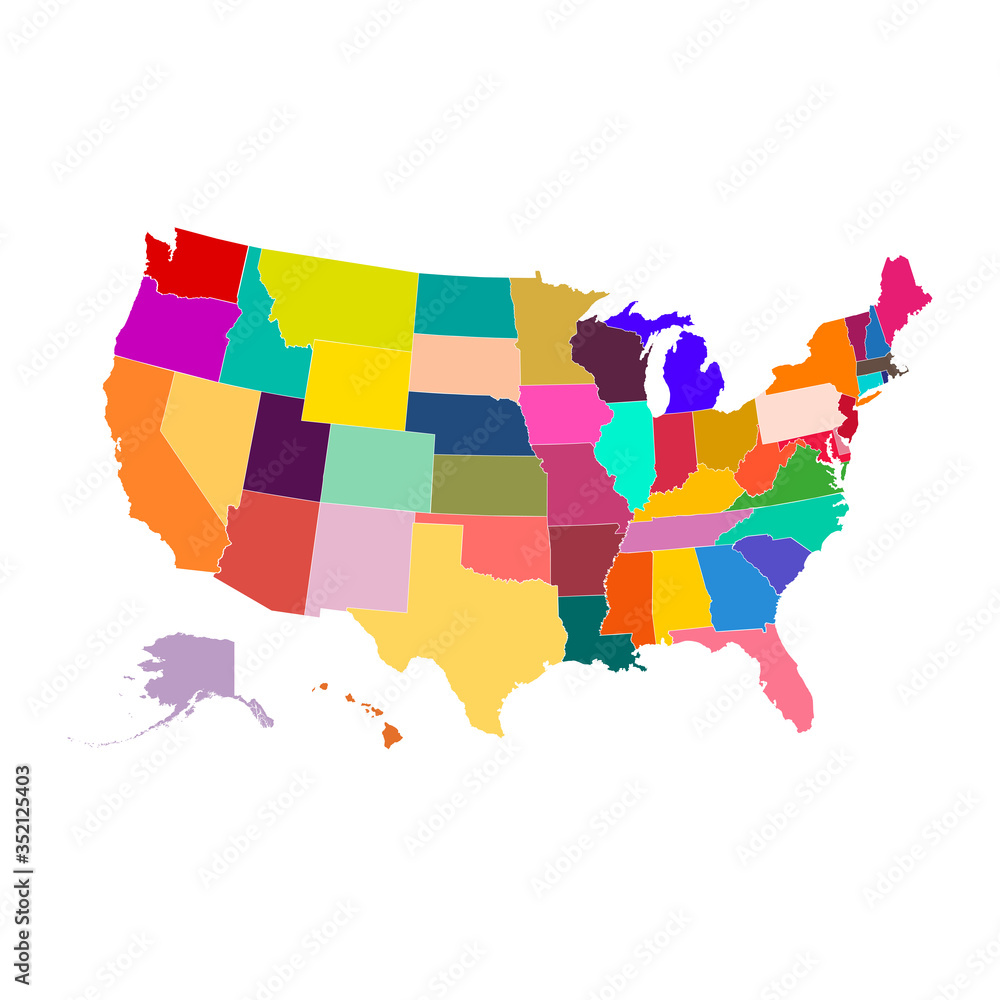 United States vector map, each state in a unique color. Map of the USA ...