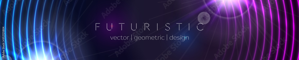 Abstract glowing banner with blue purple neon circles. Hi-tech futuristic vector background - obrazy, fototapety, plakaty 