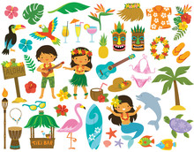 Tropical Clipart Set. Hawaii Hula Dancers, Beach Related Items And Other Cartoons For Summer.