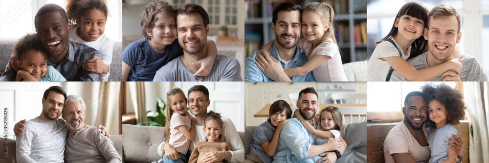 Happy multiethnic young adult and old daddies hugging children looking at camera. Smiling african and caucasian dads posing with kids for family faces headshots portraits. Fathers day concept. Collage - obrazy, fototapety, plakaty 