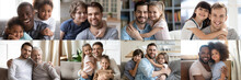 Happy Multiethnic Young Adult And Old Daddies Hugging Children Looking At Camera. Smiling African And Caucasian Dads Posing With Kids For Family Faces Headshots Portraits. Fathers Day Concept. Collage