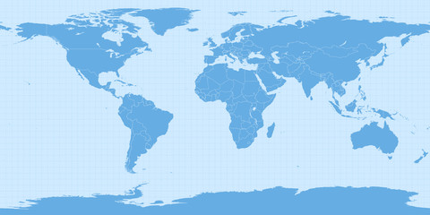 World map in equirectangular projection (equidistant cylindrical projection, geographic projection, EPSG:4326). Detailed vector Earth map with countries’ borders and 5-degree grid.