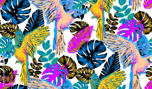 Dekoracja na wymiar  wzor-papug-i-lisci-monstera-wzor-ilustracja-wektorowa-odpowiedni