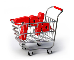 Shopping cart with 7% discount. 7 percent discount in shopping cart. Sale concept. 3D render illustration isolated on white background.