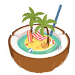 Summer holidays isometric, illustration. Stock vector. Colorful beach with palm trees, beach hammock, surfboard, swimming circle and sand castle in half a coconut. Summer time concept.