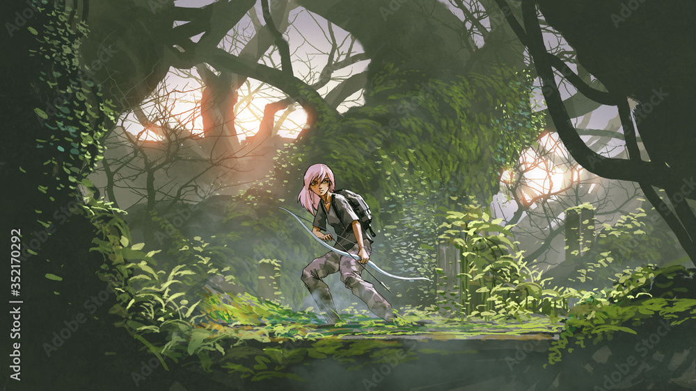 young hunter in the deep forest.
adventure girl holding a bow in the forest, digital art style, illustration painting - obrazy, fototapety, plakaty 