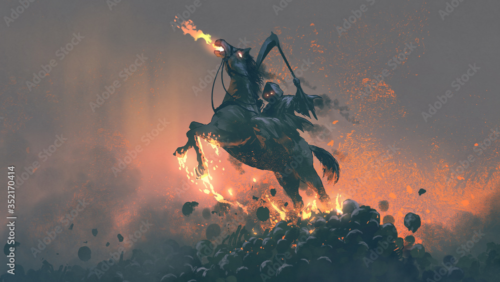 the horseman, grim reaper riding the horse jumping  from a pile of human skulls, digital art style, illustration painting - obrazy, fototapety, plakaty 