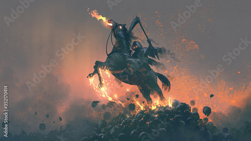 Fotomural the horseman, grim reaper riding the horse jumping from a pile of human skulls,