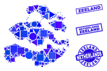 Poster - Vector mosaic Zeeland Province map. Geographic collage in blue color tints, and scratched round and rectangle seal stamps. Abstract collage of Zeeland Province map done of round, triangles,