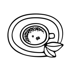 Large mug of coffee or cocoa on a saucer hand-drawn. Vector doodle illustration black outline on a white background