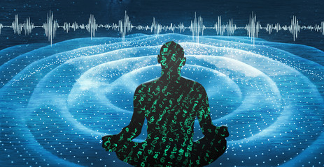 Wall Mural - artificial intelligence concept illustration, silhouette of digital man practicing meditation