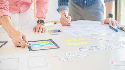 Wall Mural - creative web designer planning application and developing template layout, framework for mobile phon
