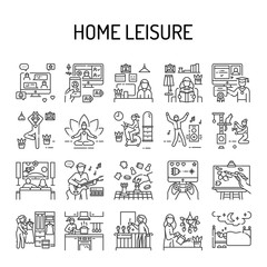  Home leisure black line icon. Homework and hobby: Dancing, Cleaning, Cooking, Yoga, E-learning. Vector isolated illustration. Editable stroke