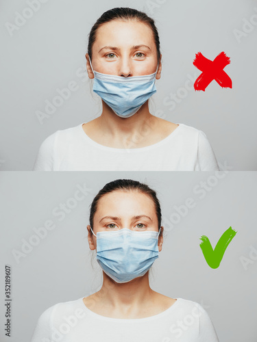 How to wear a mask. The wrong way to wear a mask on the chin and open nose is shown and the correct one.