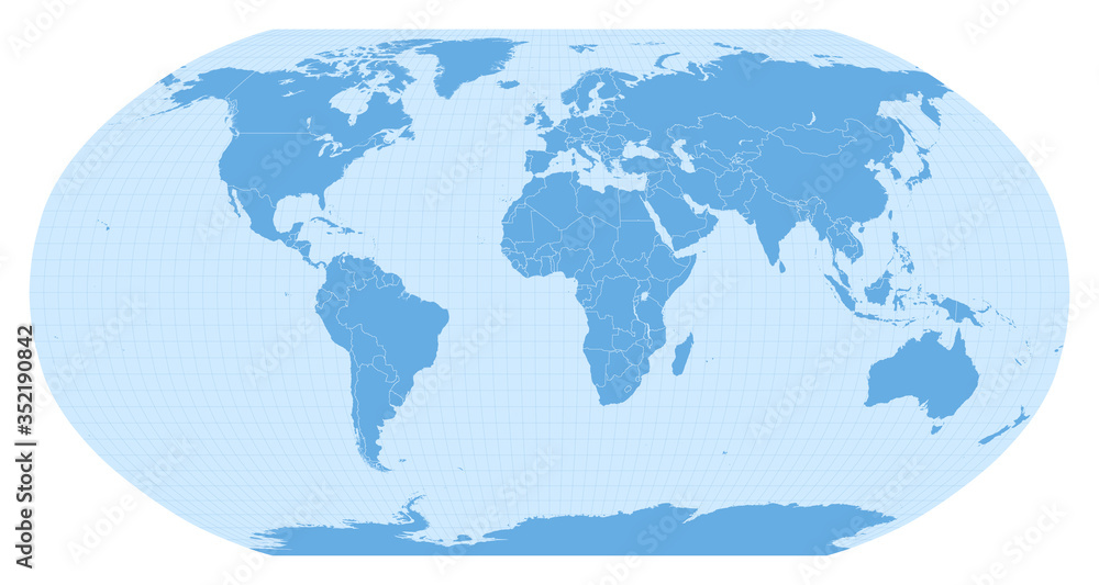 World map in Robinson projection (EPSG:54030). Detailed vector Earth map with countries’ borders and 5-degree grid. - obrazy, fototapety, plakaty 