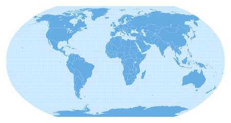 World map in Robinson projection (EPSG:54030). Detailed vector Earth map with countries’ borders and 5-degree grid.