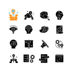 Sticker - Creativity black glyph icons set on white space. Idea generation. Imagination of creative artist mind. Logical approach to problem solving. Silhouette symbols. Vector isolated illustration