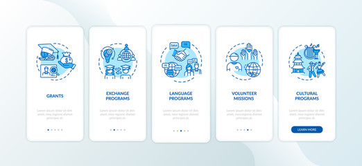 Global exchange program onboarding mobile app page screen with concepts. Volunteer mission. Education abroad walkthrough 5 steps graphic instructions. UI vector template with RGB color illustrations