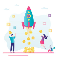 Wall Mural - Successful startup concept. Happy developers or investors with gold coins. New profit company,success business project.