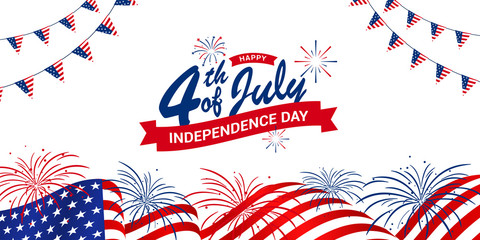 Happy 4th of July, USA Independence Day with waving American national flag & fireworks in the background, used for sale banner, discount banner, advertisement banner, etc.