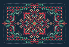 Rectangular Bandana Print Vector Design For Rug, Carpet, Tapis, Shawl, Towel, Textile, Yoga Mat. Neck Scarf Or Kerchief Pattern Design. Traditional Ornamental Ethnic Pattern With Paisley And Flowers.