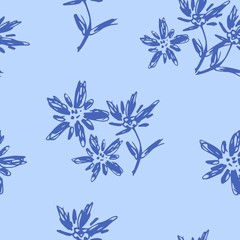  Simple floral vector seamless pattern. Blue flowers on a light blue background. For prints of fabric, packaging, clothing.