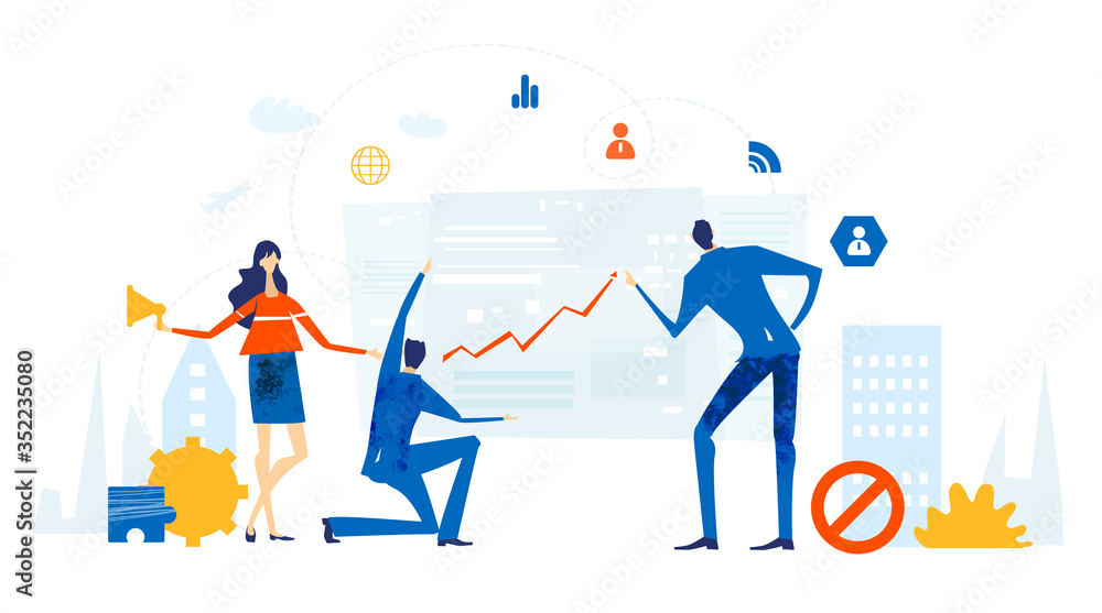 Business people working together in office, analysing data,  negotiating, solving the problems, supporting a project and making progress in business. Business concept illustration. - obrazy, fototapety, plakaty 