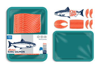 Wall Mural - Vector Alaskan king salmon packaging illustration. Salmon steak and fillet. Teal color foam tray with plastic film mockup