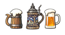 Vintage Colorful Set Of Beer Mugs. Old Wooden Mug. Traditional German Stein. Glass Mug With Foam. Vector Illustration.