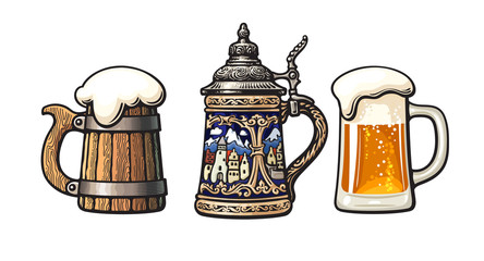 Wall Mural - vintage colorful set of beer mugs. old wooden mug. traditional german stein. glass mug with foam. ve
