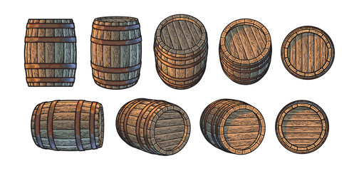 Wall Mural - set of old wooden barrels in different positions. vintage vector illustration.