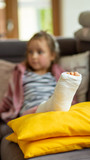 Fototapeta Na sufit - girl with a broken leg in a cast on the couch