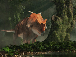 Aufkleber - Achelousaurus was a Cretaceous era dinosaur. A cousin of triceratops, it had two curved spikes on its frill and bosses rather than horns on its forehead and snout. In a Forest. 3D Rendering