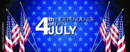 4th of July vector illustration with realistic US star and stripes flags on blue stars background. Independence day banner or website header template.
