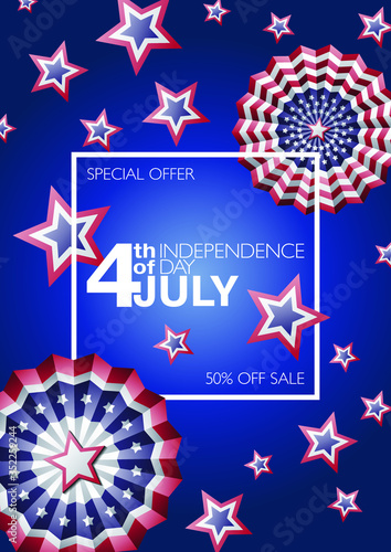 4th of July special offer sale ad, voucher, banner, card, poster or flyer template with paper stars in USA flag colors with stars and stripes on blue background 