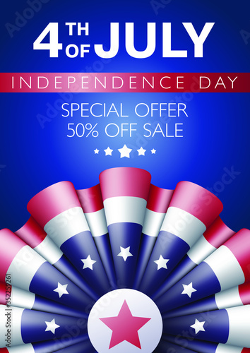 Fourth of July Independence day offer sale ad, voucher, banner, card, poster or flyer template with realistic bunting decoration in USA flag colors with stars and stripes 