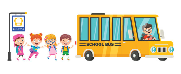 Wall Mural - Happy Children And School Bus