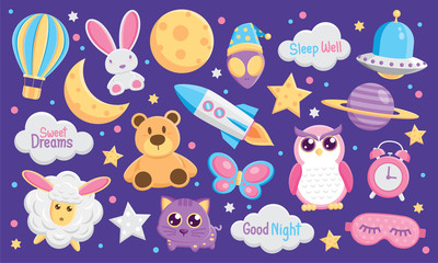 Cute night elements vector set.