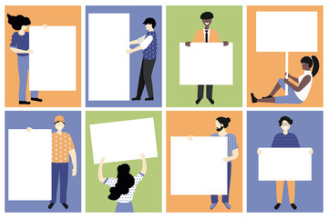 Set vector illustration. Trendy white and afro american people holding message boards, empty placard with place for text. Fashion cartoon young people holding clean empty board banners