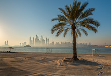 Sandy Beach With Palm Tree And Dubai Skyline View.